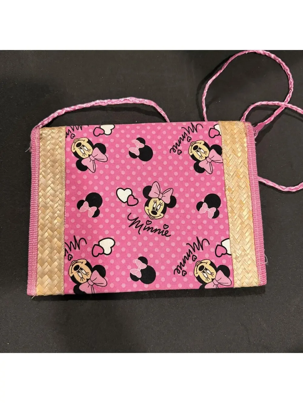 Pink Minnie Mouse Crossbody Bag with Woven Straw Accents